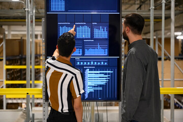 Manager points at information on monitor at warehouse