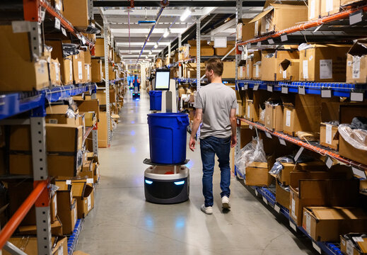 Technician  with Robot on floor at Warehouse E-Commerce 