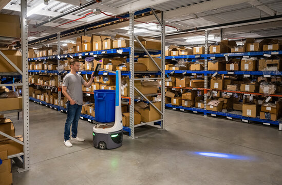 Manager with Robot doing inventory at work 
