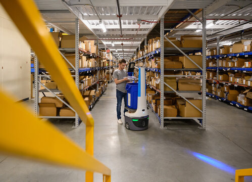 Modern Manager with Robot on floor at Warehouse E-Commerce 