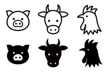 豚,牛,鶏の頭部アイコン meat illustration - obrazy, fototapety, plakaty