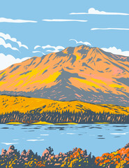 WPA poster art of Fallen Leaf Lake during fall in El Dorado County, California near California Nevada state border south west of Lake Tahoe, United States done in works project administration style.
 - obrazy, fototapety, plakaty
