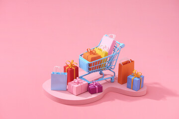 Shopping trolley with gifts and shopping bags