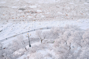 The frozen Amur River near the embankment of Khabarovsk, Russia.