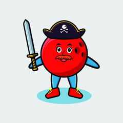 Cute cartoon mascot character bowling ball pirate with hat and holding sword in modern design for t shirt, sticker, logo element