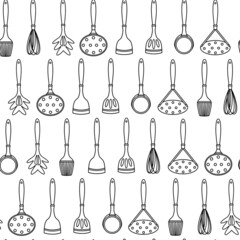 Kitchen tools seamless vector pattern. Hand-drawn illustration isolated on white background. Dishes - spatula, slotted spoon, ladle, whisk, crush, baking brush. Monochrome sketch, doodles set.