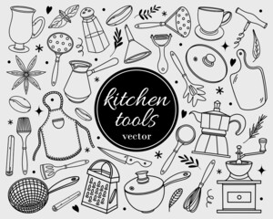 Kitchen tools set of vector icons. Hand-drawn illustration isolated on white background. Silhouette of the dishes - cup, frying pan, coffee maker, grater, whisk, knife. Sketch of food, doodles.