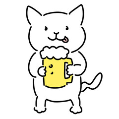 ビール中ジョッキを持つ猫のゆるいイラスト
