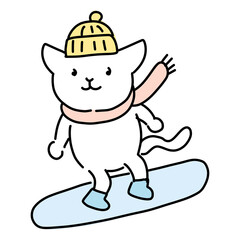 Obraz premium スノーボードをする猫のゆるいイラスト 