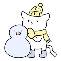 Fototapeta premium 雪だるまを作る猫のゆるいイラスト 