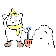 雪かきをするネコ　シャベル
