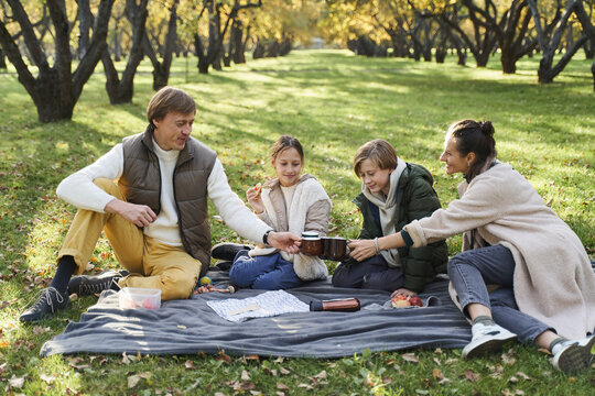 Family proposing toast during picnic