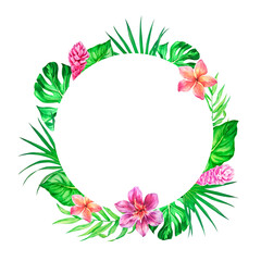 Fototapeta na wymiar Round frame with tropical leaves and exotic flowers. Watercolor illustration.