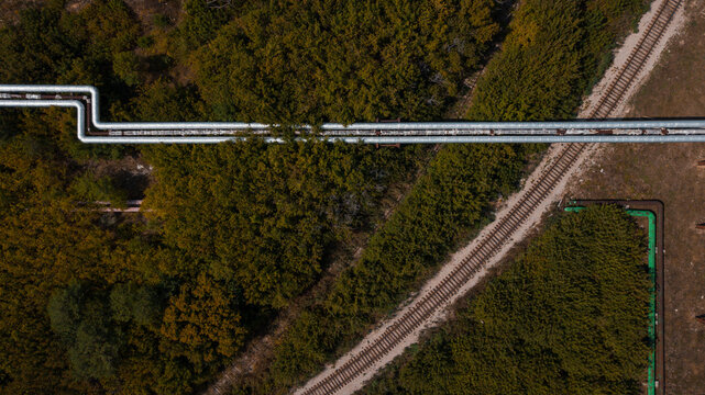 aerial view of a railway and pipeline intersection 