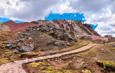 Hiking trail at Palccoyo Rainbow Mountains near Cusco in Peru