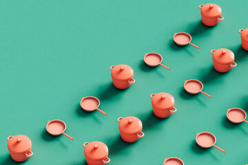 Cooking pot and frying pan with copy space. 