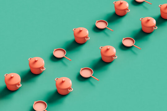 rows of Cooking pot and frying pan on green background