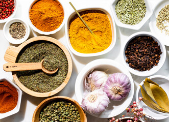 Dried spices, fresh garlic bulb and culinary herbs
