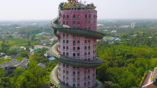 Aerial view of Wat Samphran or Chinese Dragon Temple in Sam Phran District in Nakhon Pathom province near Bangkok Urban City, Thailand. Tourist attraction landmark in travel trip concept.