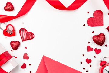 Valentines day banner. Red heart, romantic gift on love white background. Valentine day love beautiful decoration with copy space.