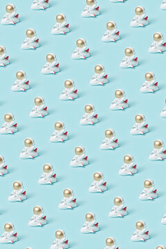 Diagonal rows of flying rockets with astronaut