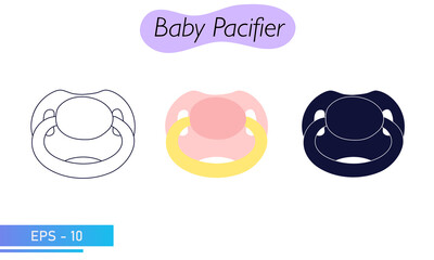 A pacifier for a small child. A pacifier for a baby. In solid fill, in lines and in color. Icons. Baby care items. Vector illustration.