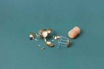 Broken bauble and champagne corks in studio
