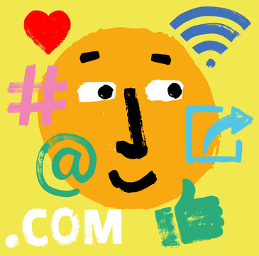 Cartoon Face surrounded by Social Media Symbols
