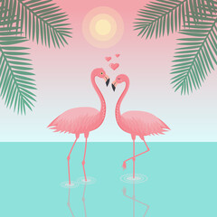 Couple of flamingos in love are standing in water. Seascape with palm leaves and sun. Valentine's day, love or summer concept.