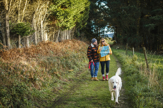 Traveling couple with dog in forest