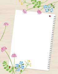 ウッドボードとノートのイラスト/春の草花
