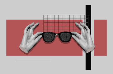 Hands holding glasses with hypnotic spirals