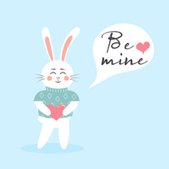 Cute Easter bunny boy in a sweater with heart. Scandinavian happy baby rabbit with text: Be mine in a speech bubble.  Valentine's day postcard.