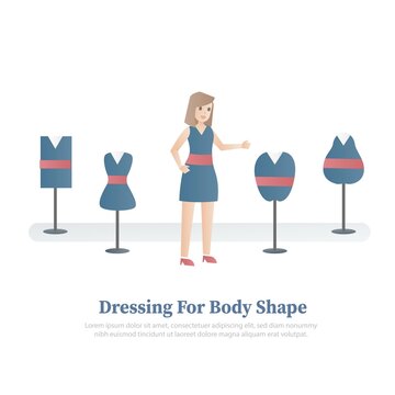 How to Dressing For Body Shape woman,Different female,(Rounded, triangle, inverted triangle, rectangle and hourglass), types,Choosing clothes that fit and look good,Vector illustration.