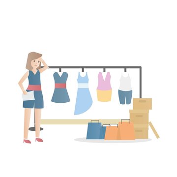 Shopping Purchase,Shopaholic Buying Spending online too much,Shopping Addiction Symptoms, Causes and Effects,Fast fashion, consumerism and overconsumption concept,Vector illustration.