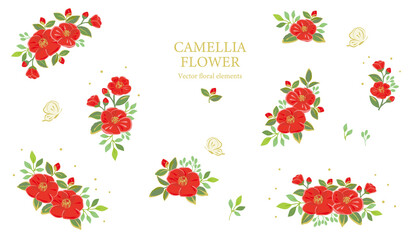 Fototapeta Red camellia flowers illustration set, Vector floral elements. obraz