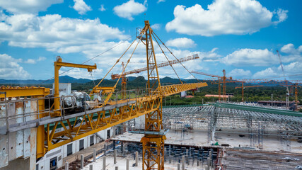 Aerial view construction site with tower crane and building construction site, Construction sites...