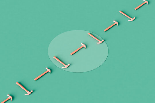 a row of pink hammers crossing the frame