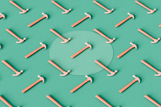 Pink hammers in different positions. 3D pattern