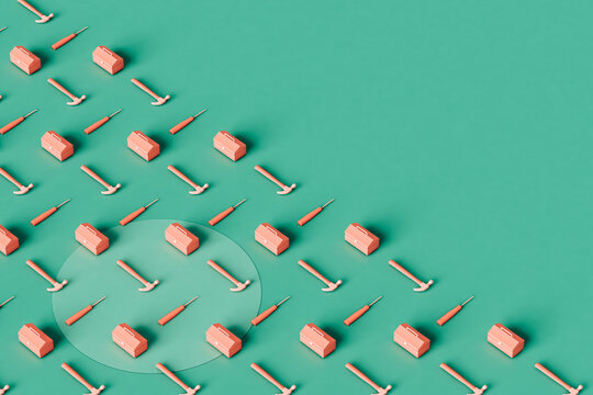 Pink toolbox, hammers and screwdrivers with copy space