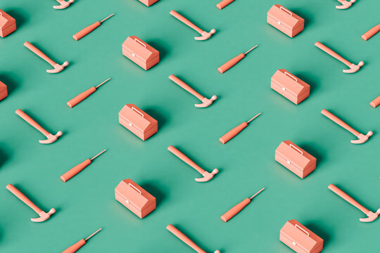 toolboxes, hammers, and screwdrivers. 3D render