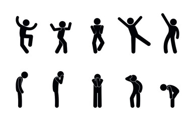 sad and cheerful people icons set, stick figure people rejoice and suffer, poses of fun and depression