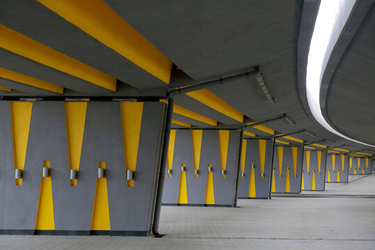Abstract architectural feature under highway bridge 