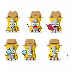 Detective yellow pencil sharpener cute cartoon character holding magnifying glass