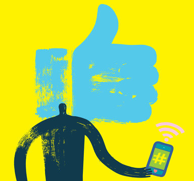Social Media Person with Smartphone and Like Hand Symbol