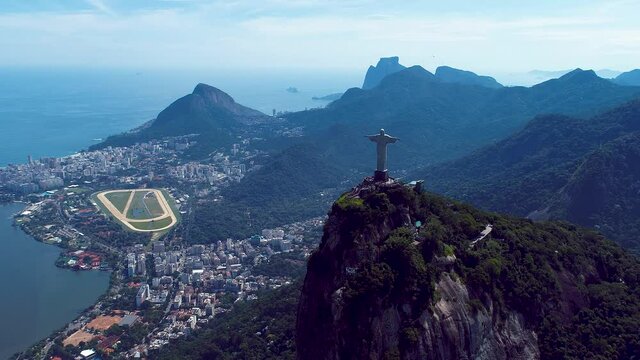 Postalcard symbol of the city. Panoramic aerial view of Rio de Janeiro Brazil. International travel landmark. Vacation destination.