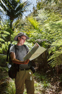 Young hiker checking a map in the forest