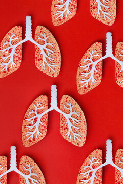 Paper craft lungs with virus on red background
