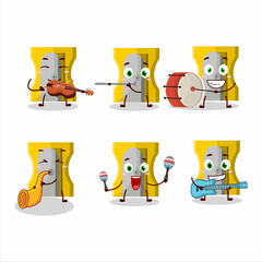 Cartoon character of yellow pencil sharpener playing some musical instruments