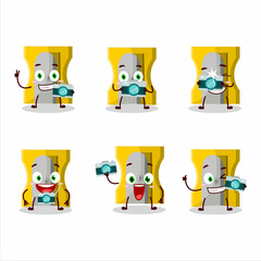 Photographer profession emoticon with yellow pencil sharpener cartoon character